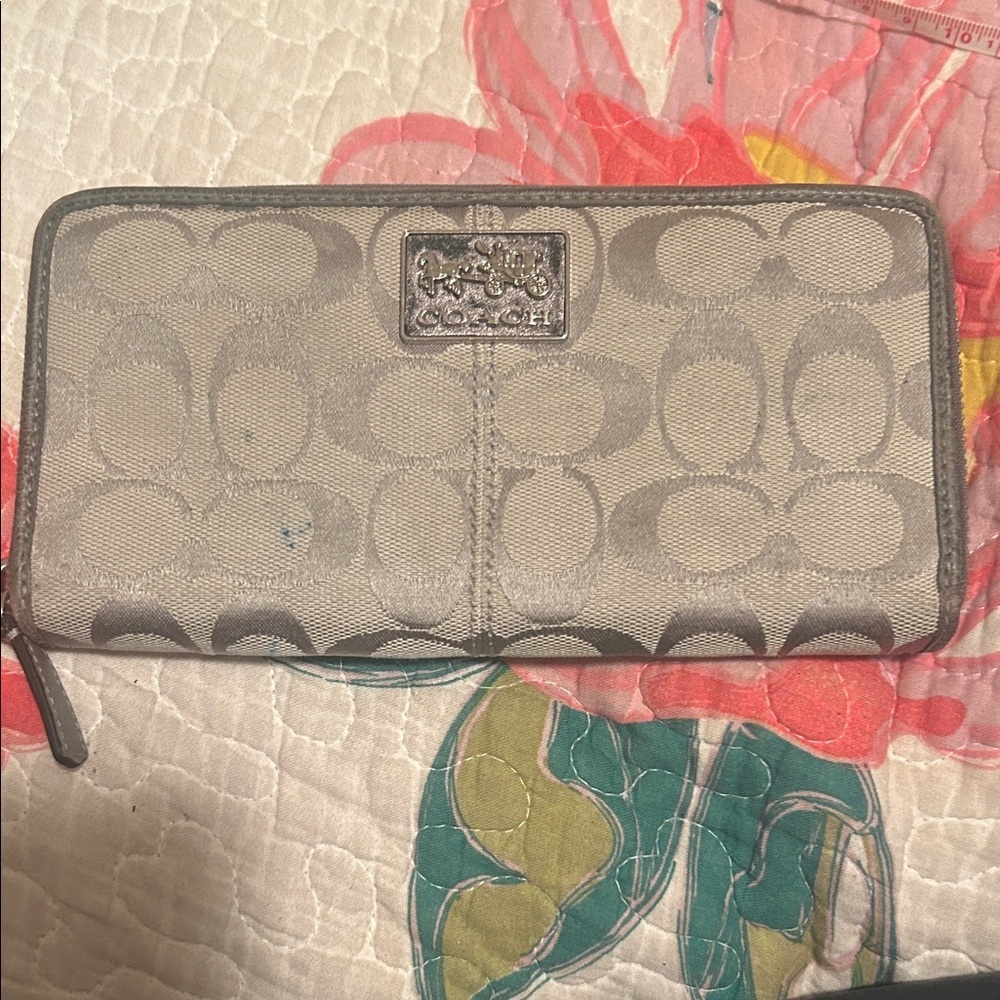 Coach Beige and Gray Signature Wallet with some wear